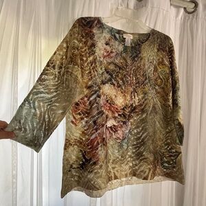 Chico's women's Size Large artsy print 3/4 sleeve lightweight top Sheer